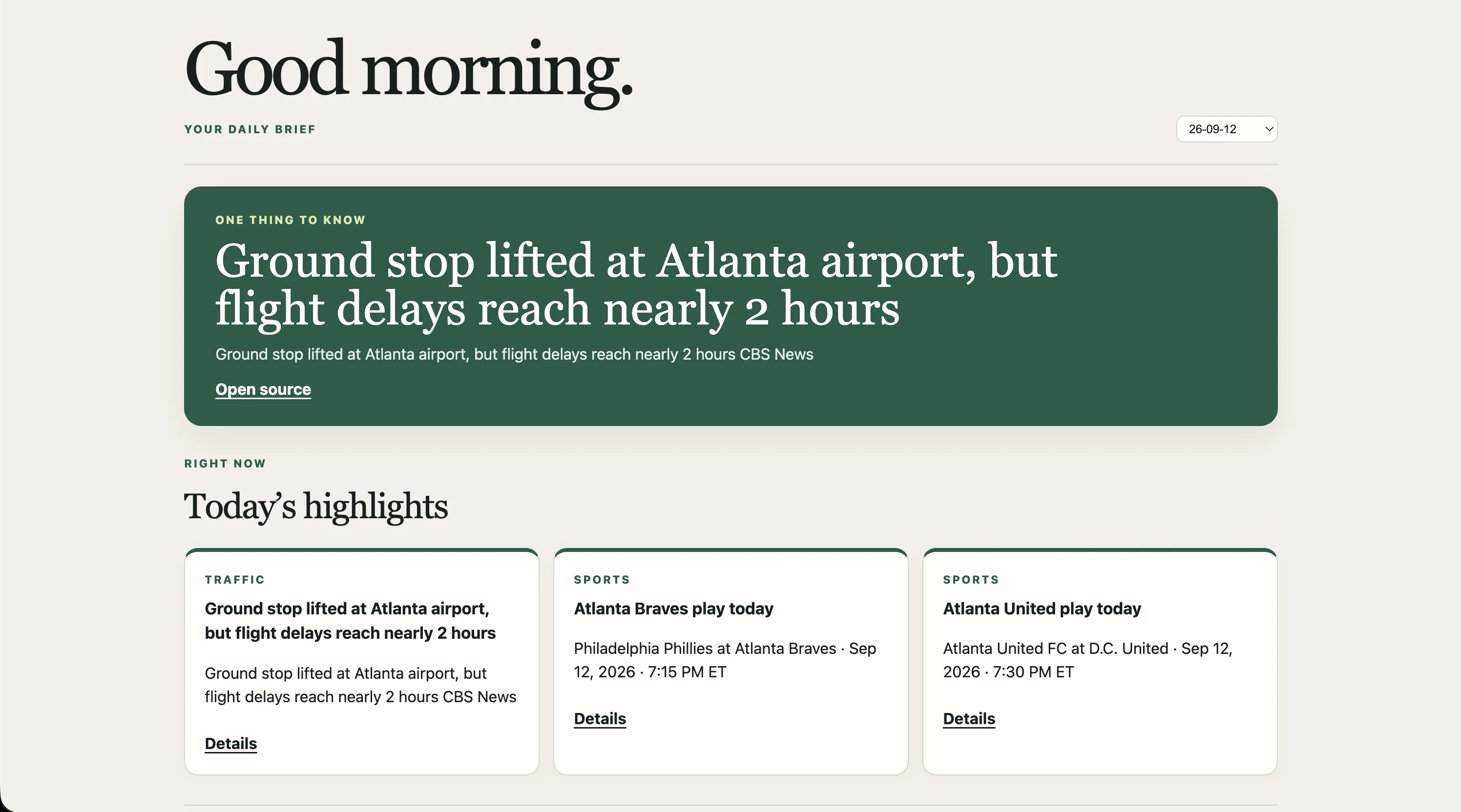 Daily Brief dashboard showing the day's top story, traffic, and Atlanta sports highlights